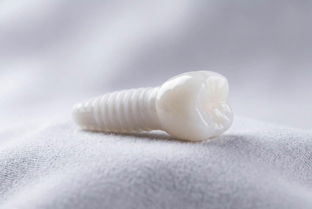 A white metal-free ceramic zirconia dental implant with a ceramic crown