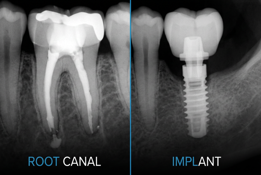 Comparison dental X-ray: a tooth with a root canal versus a dental implant